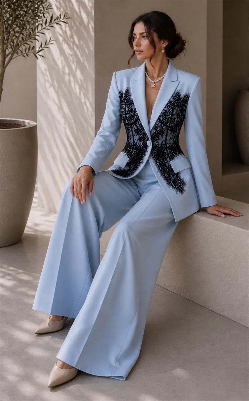 Fashion Blue Women Suits Set 2 Piece Blazer+Pants Trousers Lace Formal Customized Office Lady Jacket Cotton Wedding Prom Coat