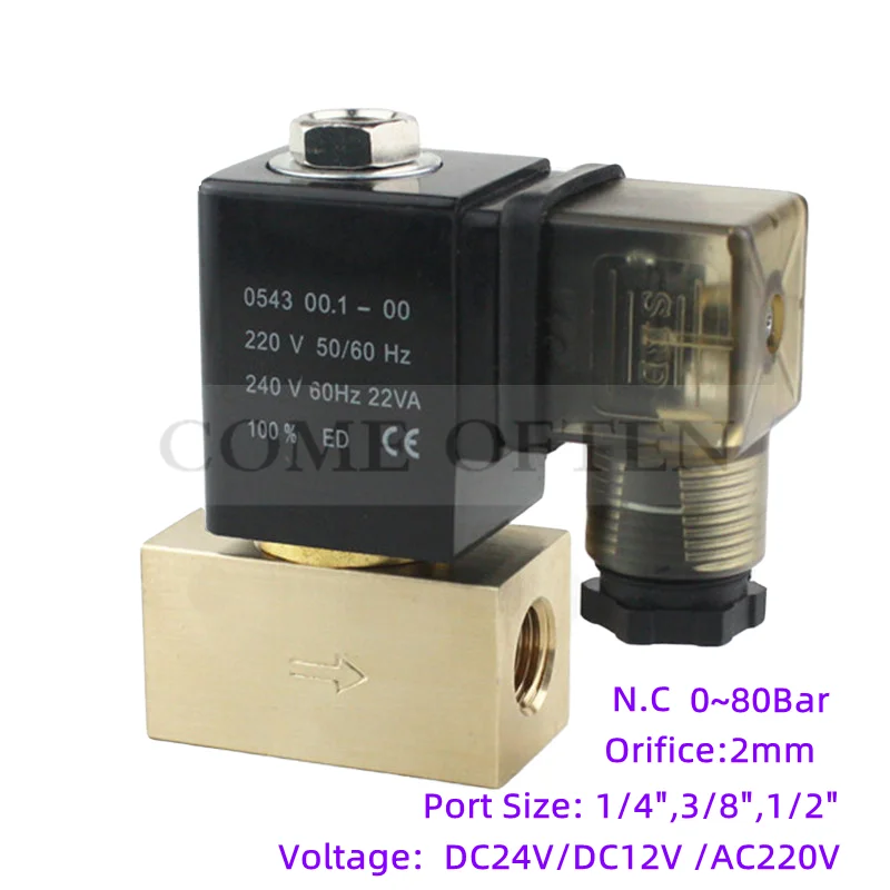 صمام لولبي 80bar Watter Air High Pressure Solenoid Valve 2 Way 1/4 3/8 1/2 BSP 12V 24V DC AC220V Normally Close Direct Acting Brass الهواء المضغوط — تفصيل 1