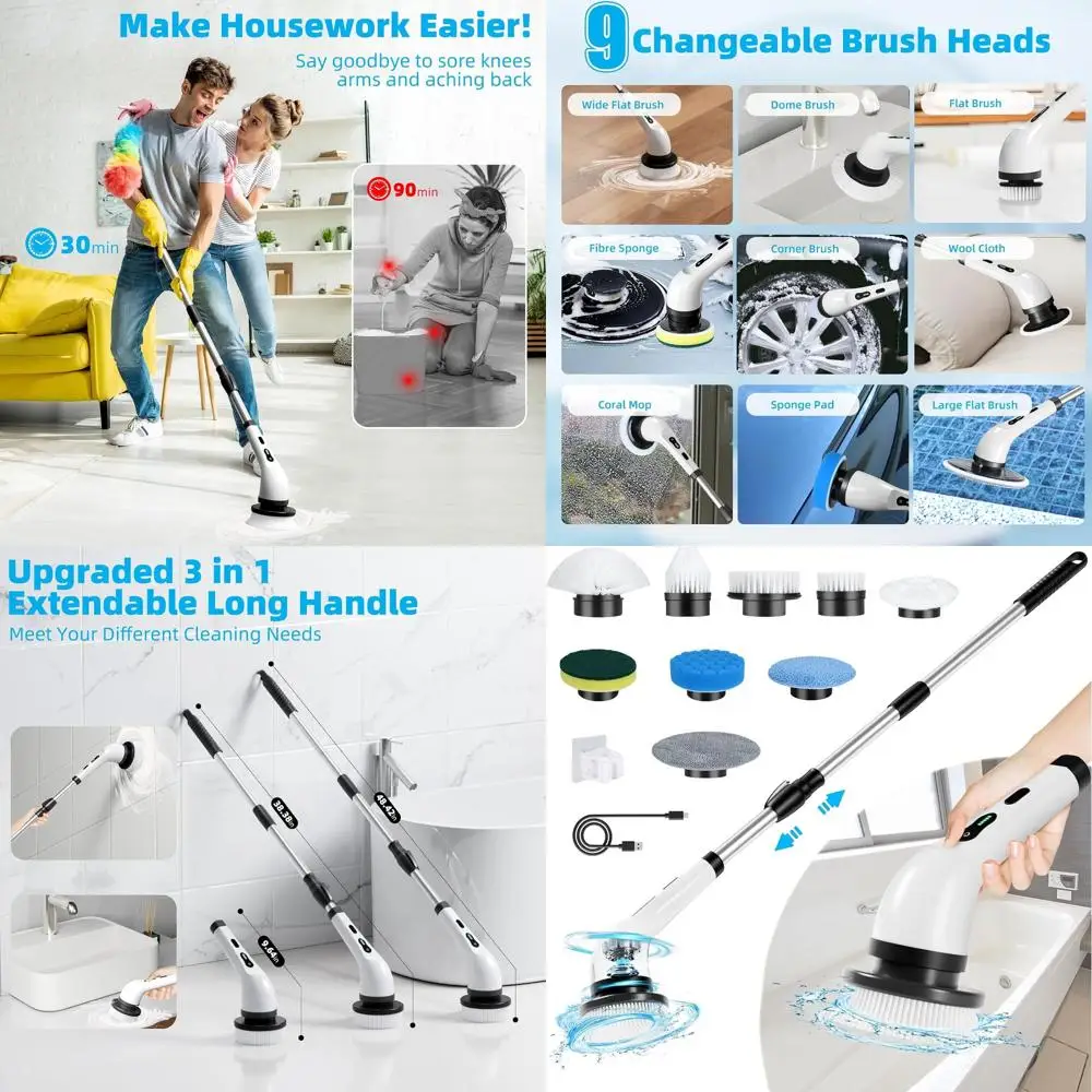 

Беспроводной электрический очиститель для душа с длинной ручкой и 9 насадками для плитки, полов и автомобилей в ванной комнате.