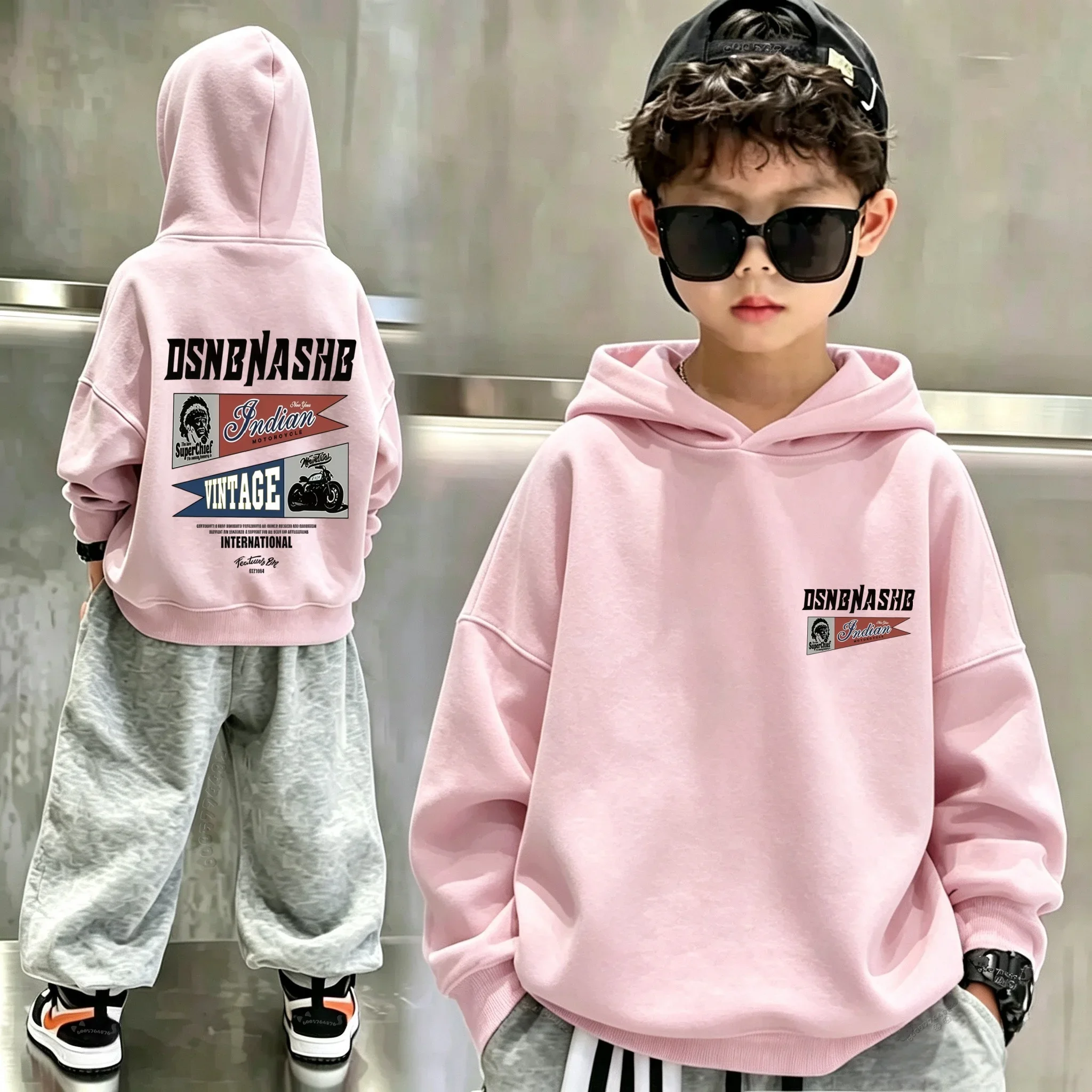 This best-selling children's casual hooded T-shirt features a stylish vintage motorcycle graphic and a loose fit.