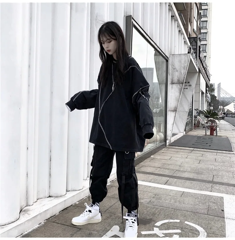 

No Hat y2k Hoodies Harajuku BF Style Black Hip-hop Chic Teens Sweatshirts Autumn Trendy All-match Daily Simple Womens Streetwear