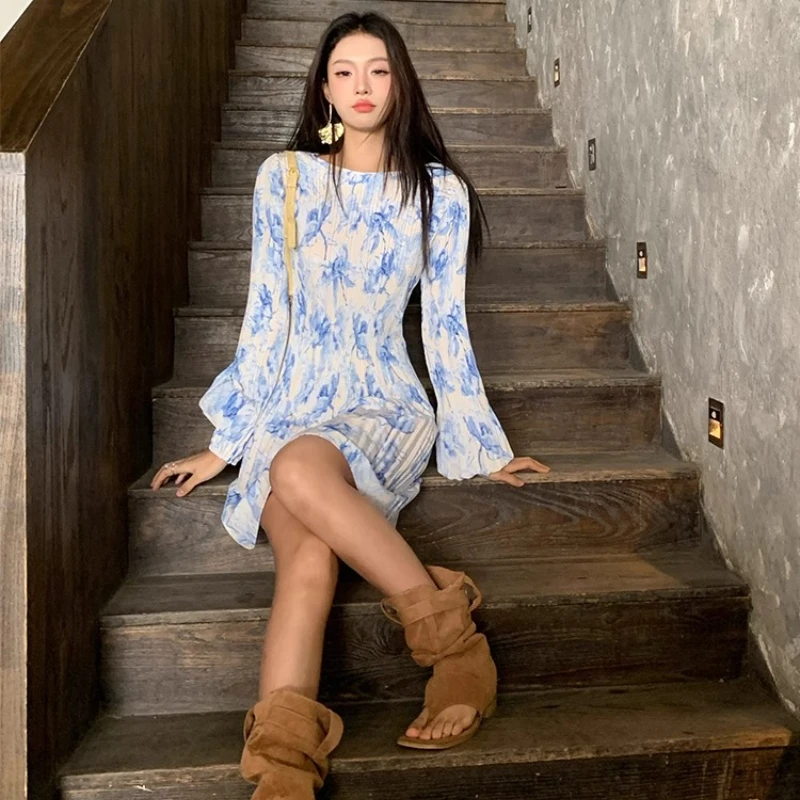 Francês feminino manga comprida protetor solar roupas primavera verão plissado floral cintura temperamento curto luz vestido de luxo feminino