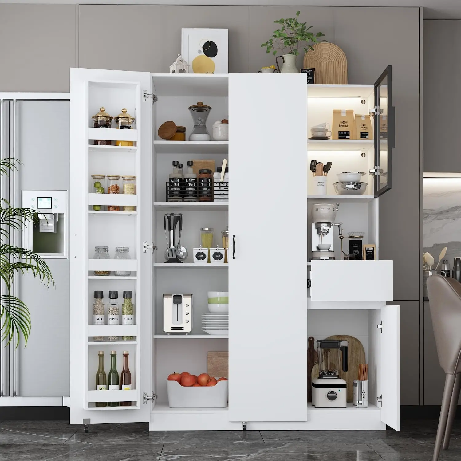 Tall Kitchen Pantry with 3 Color LED Light, 18 Hidden Shelves & Glass Doors, Storage Cabinet with Drawer & 4 Doors, Cupboard