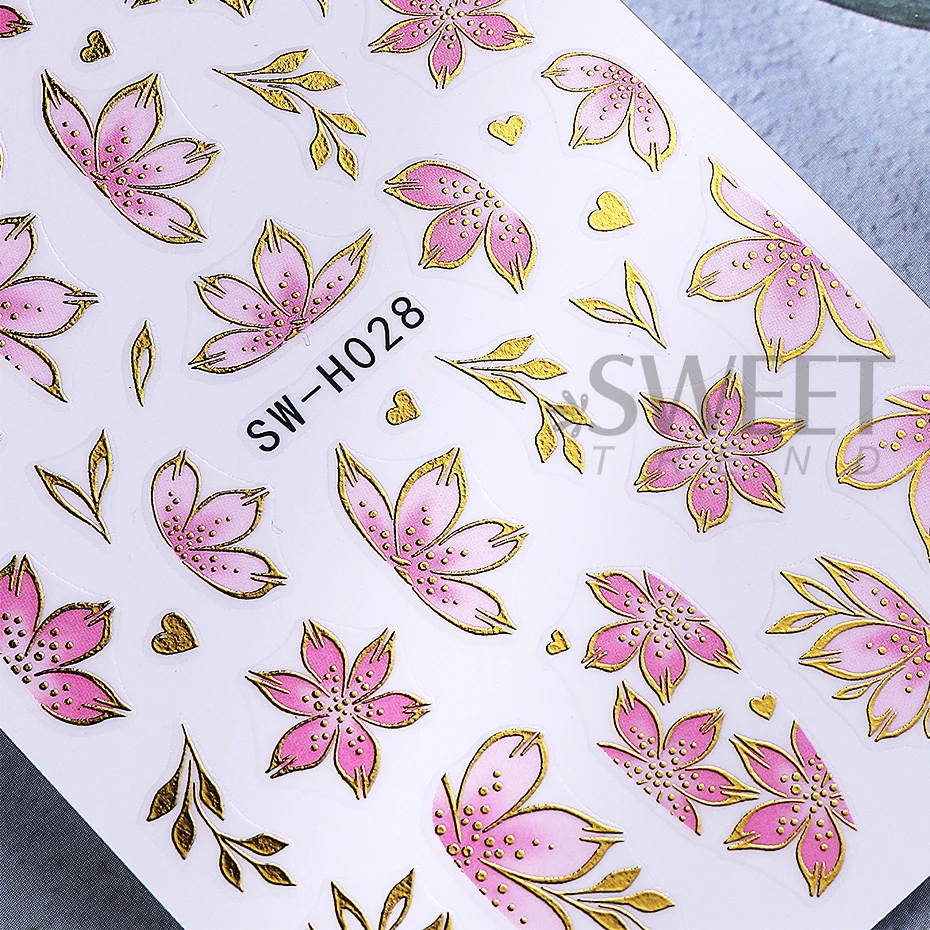 2/3pcs Golden Pink Hibiscus Flower Nail Stickers 3D Bronzing Border Petals Sakura Line Sliders Nail Decals DIY Manicure Decor image 4