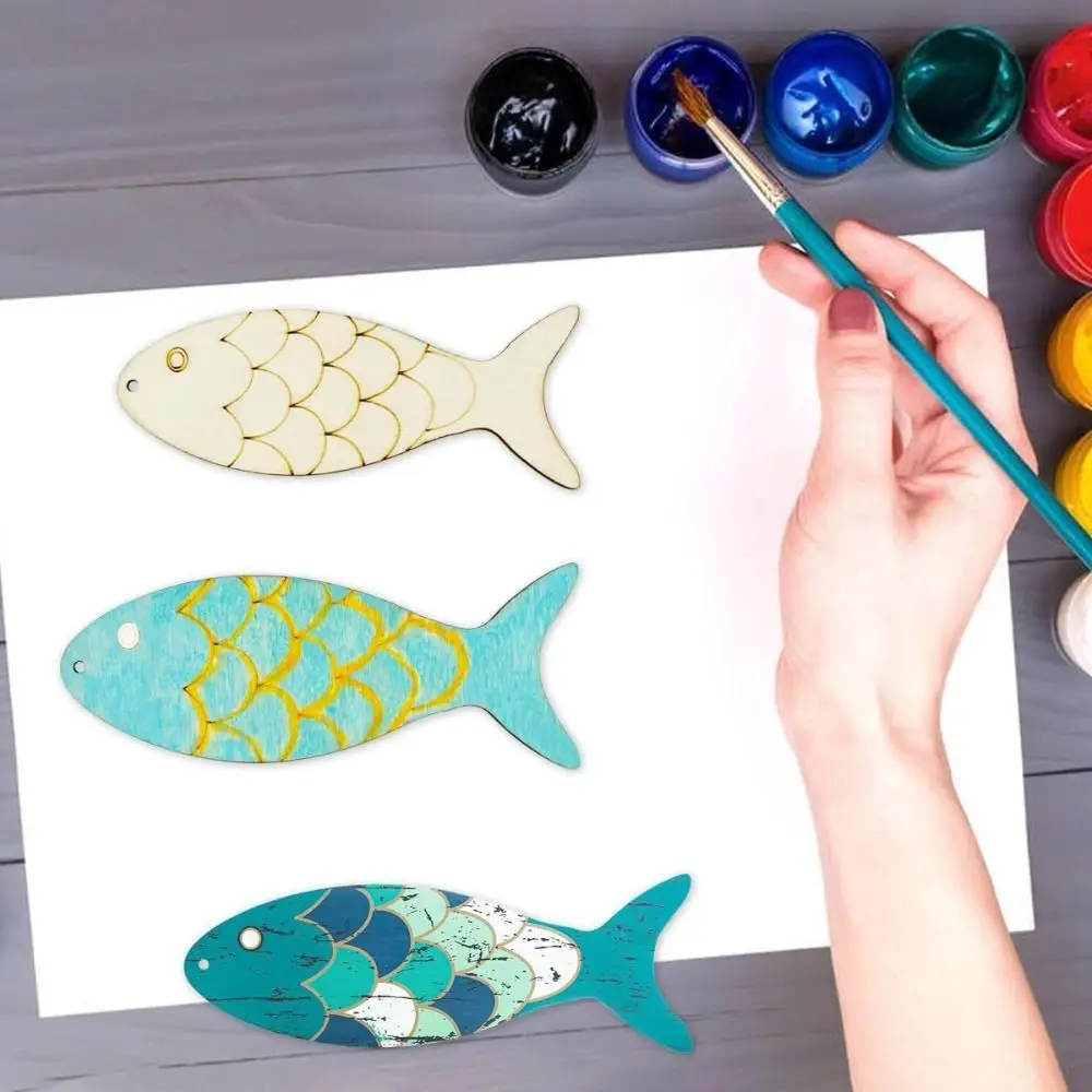 30Pcs Wooden Wooden Fish Cutouts 10*3.6cm Hemp Rope Unfinished Blank Wooden Signs Wooden Cutouts For Ocean Animal Themed Party