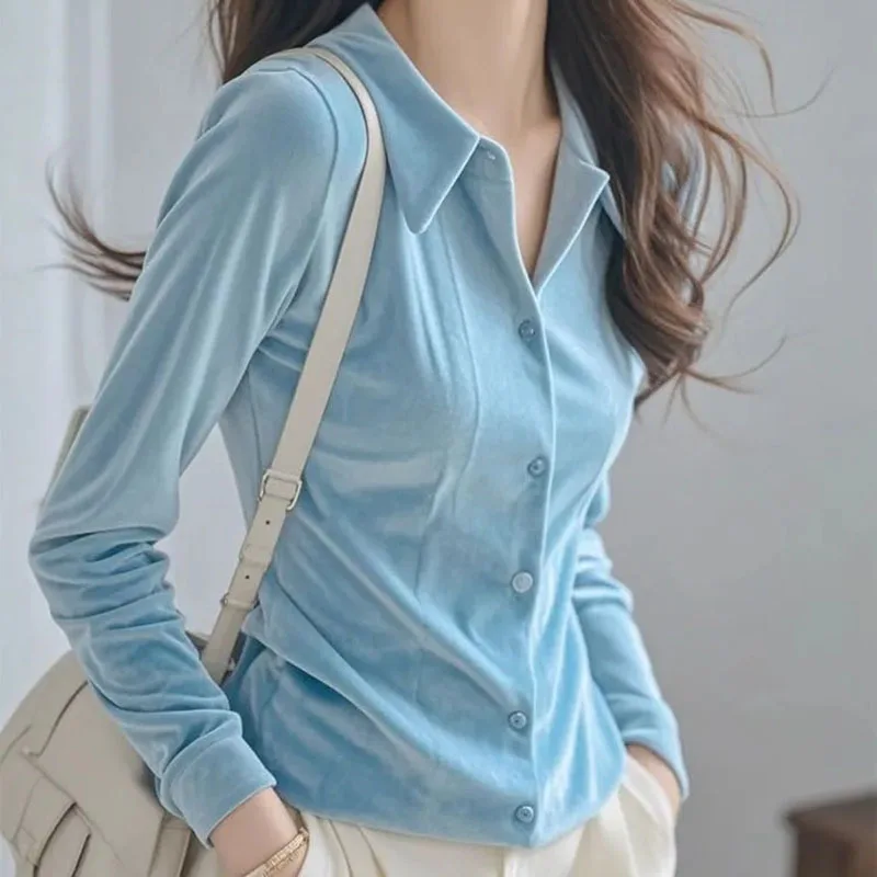 Biyaby Women\'s Plus Velvet Shirt Early Spring Casual Solid Color Slim Shirts Woman Single Breasted Lapel Long Sleeves Blouses