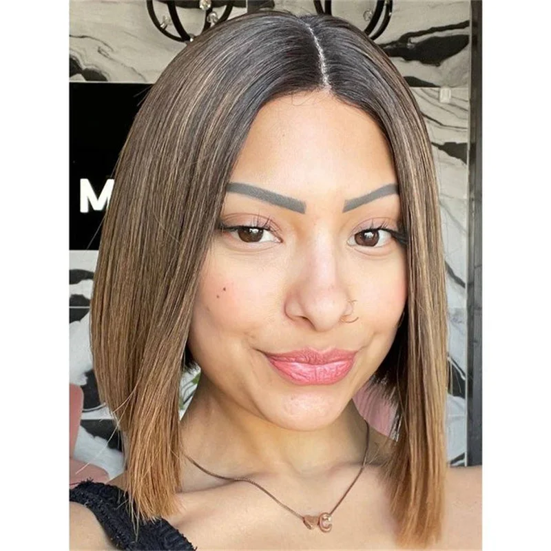 Honey Blonde Highlighted HD Lace Wig for Women Dark Brown Color Synthetic Hair High Quality Futura Bob Wig Glueless Ladies Wig