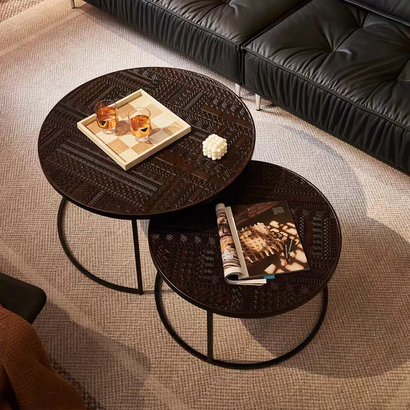 

red oak carved coffee table round simple retro medieval coffee table