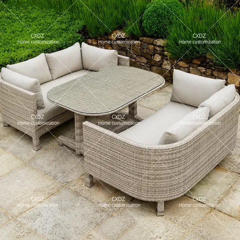 Outdoor Rattan Sofa Set 3 Piece Patio Furniture Waterproof Sunscreen Wicker Chair Dining Table Combo for Courtyard Balcony