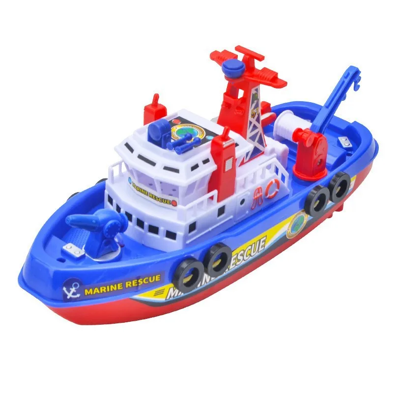 Barco aspersor elétrico para crianças, brinquedo de banho, modelo de resgate, barco de incêndio, quebra-cabeça LED, luz e música, 3-6 anos