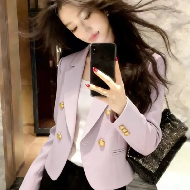 Autumn Women Casual Double Breasted Small Blazer Coat Spring Femme Fashion Short Suit Top Korean Ladies Solid Color Tweed Jacket