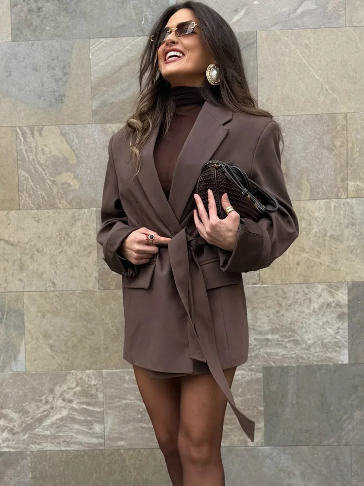 HH 2025 Elegante Vrouwen 2-delige Set Reverszak Riem Versieren Casual Blazer Jas + Hoge Taille Losse Knop Rits lange Broek