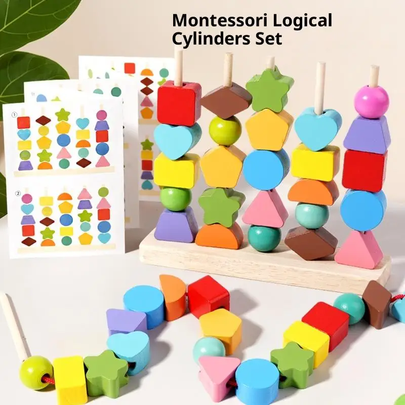 1 مجموعة كتل التراص وجلد الخرز و مطابقة الشكل مكدس ألعاب للتعلم المبكر مونتيسوري الخرز الخشبي تسلسل لعبة الهدايا