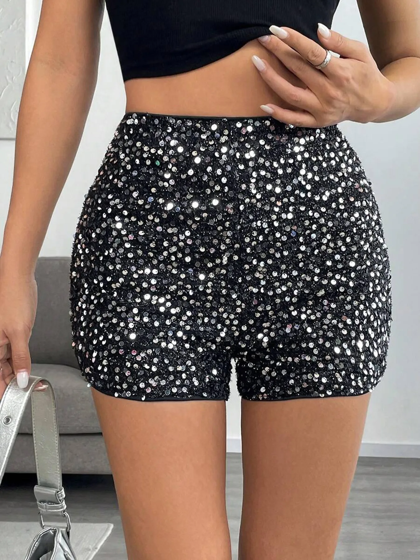Women Sequins Black Low Rise Shorts Y2K Sexy Skinny Mini Shorts Summer Fashion Party Clubwear Costume Bottoms