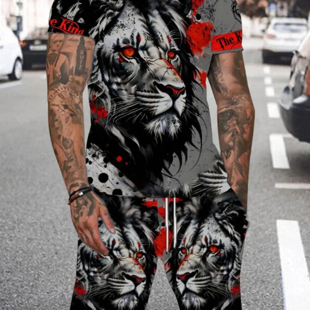 Löwe 3D-Druck Sport Schnelltrocknend Atmungsaktiv Herren T-Shirt Shorts Outdoor Straße Casual Urlaub Mode Trendy Cool Jersey Set Sommer