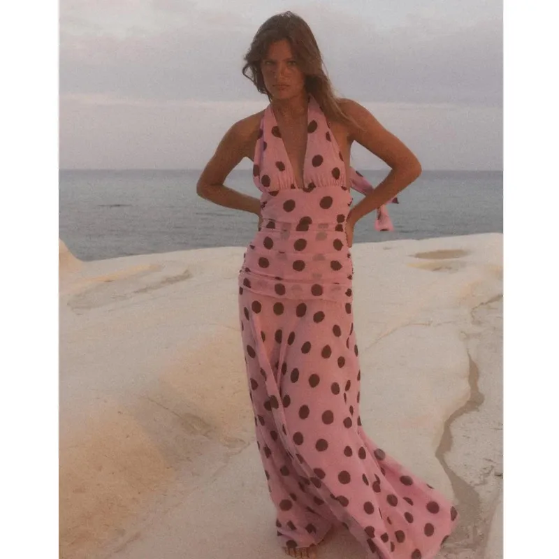 Polka Dot Elegant Lady Slim Dress Halter Lace-up Chic Maxi Dress Sleeveless Backless Sexy Evening Dress Summer Beach Gown Women