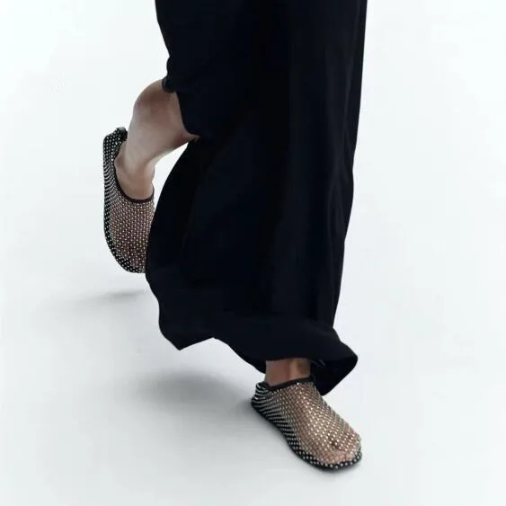 صنادل مسطحة بمقدمة مستديرة للنساء ، أحذية قصيرة مفرغة ومثيرة ، أحذية ماسية ماسية ، علامة تجارية فاخرة جديدة