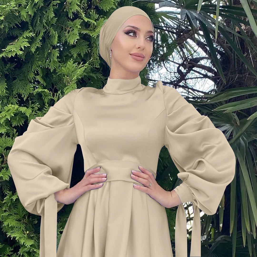 Fashion Women Satin Muslim Dress Hijab Arabic Pleated Abaya Dubai Balloon Sleeve with Ribbon Islamic Dress With belt wy1589