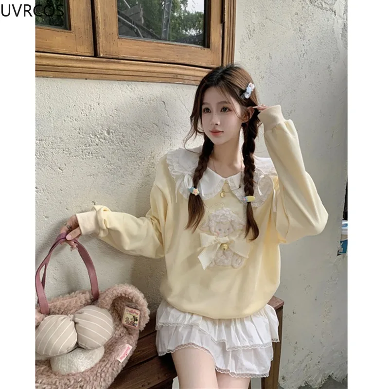 Japanese Cute Hoodies Women Bow Cartoon Sheep Embroidery Sweatshirt Harajuku Streetwear Y2k Pullover Tops Sweet Moletom Feminino