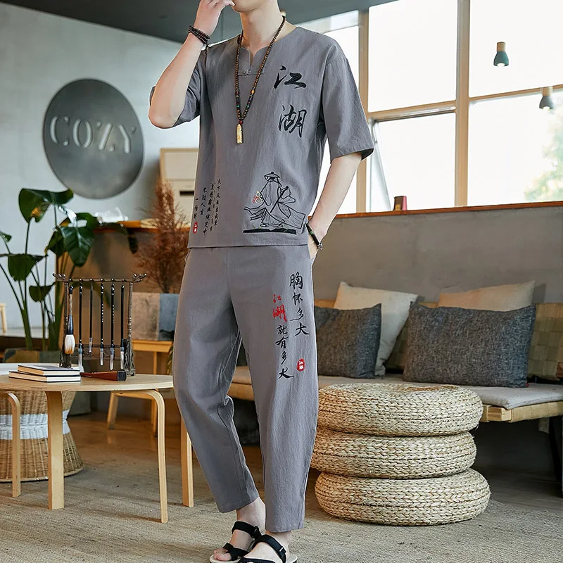 Shirts + Pants 2024 summer 100% Cotton linen Sportswear Men\'s Casual Sets Male Fashion elastic waist trousers and shirts men