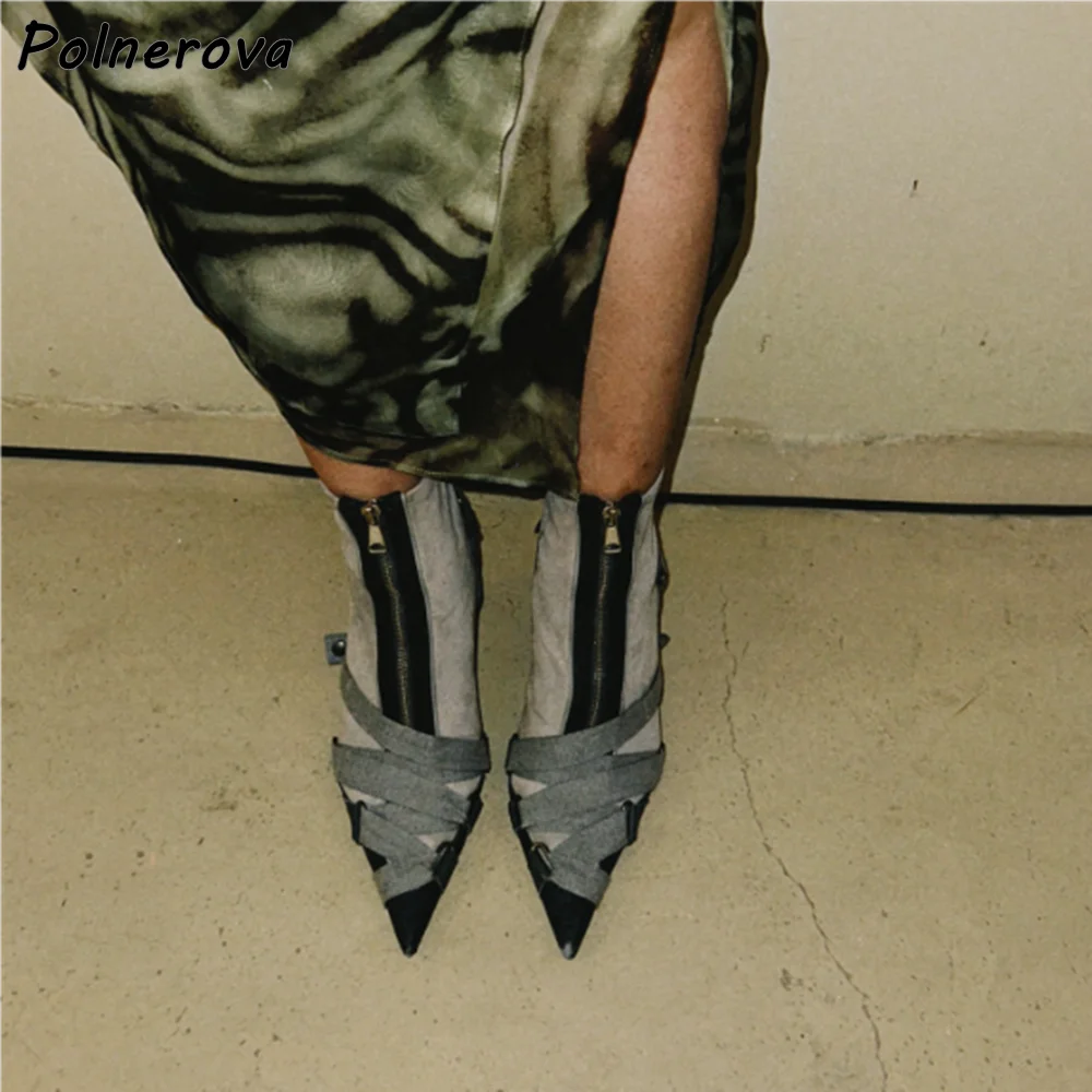 

Buckle Belt Front Zip Boots Gray Black Retro Pointy Toe Patchwork Thin Heels Ankle Boots Women's Winter Leisure Sexy Chic Shoes