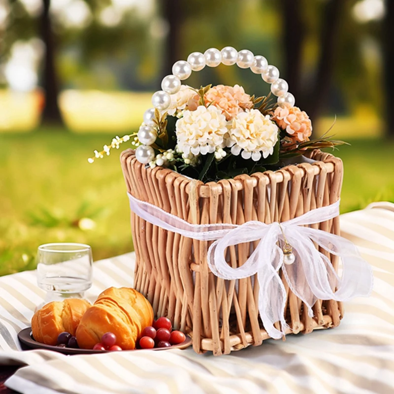 Woven Storage Basket Handle And Ribbon,Wedding Flower Girl Baskets Wicker Rattan Flower Basket For Home Garden Decor