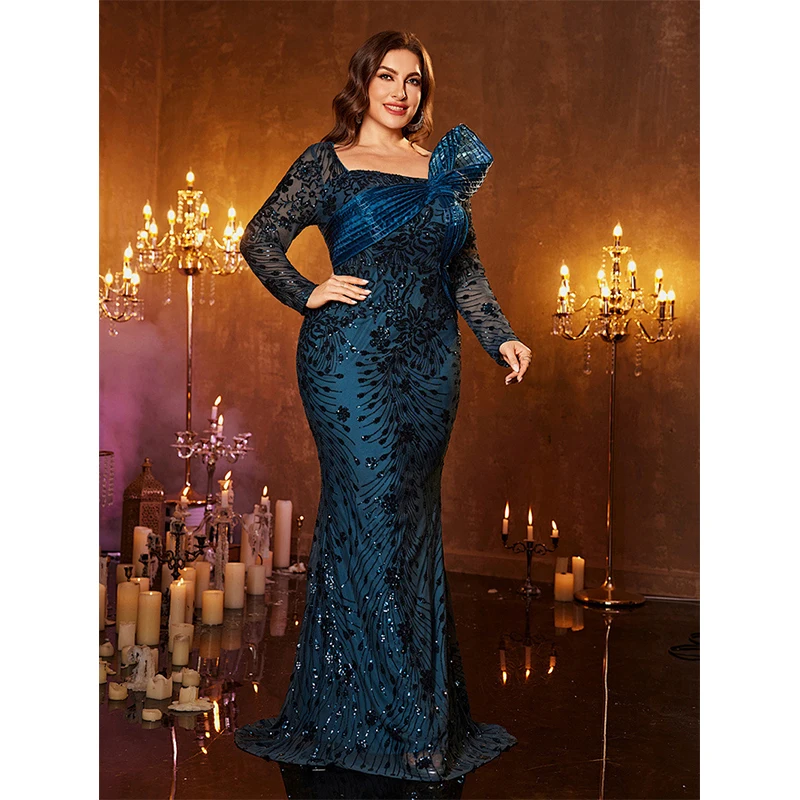 Large Size Vestido De Festa Women Luxury Square Collar Blue Sequining Formal Occasion Big Size Elegant Long Dress