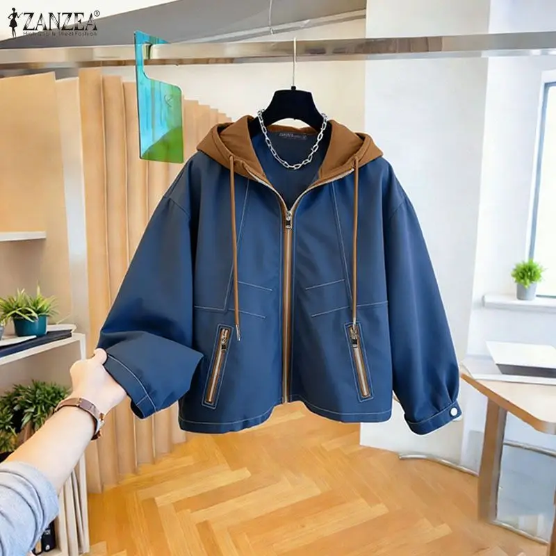 

ZANZEA Women Fashion Jackets Autumn Long Sleeve Hoodies Coats Zipper Hooded Casual Loose Patchwork Oversized Sweatshirts Female