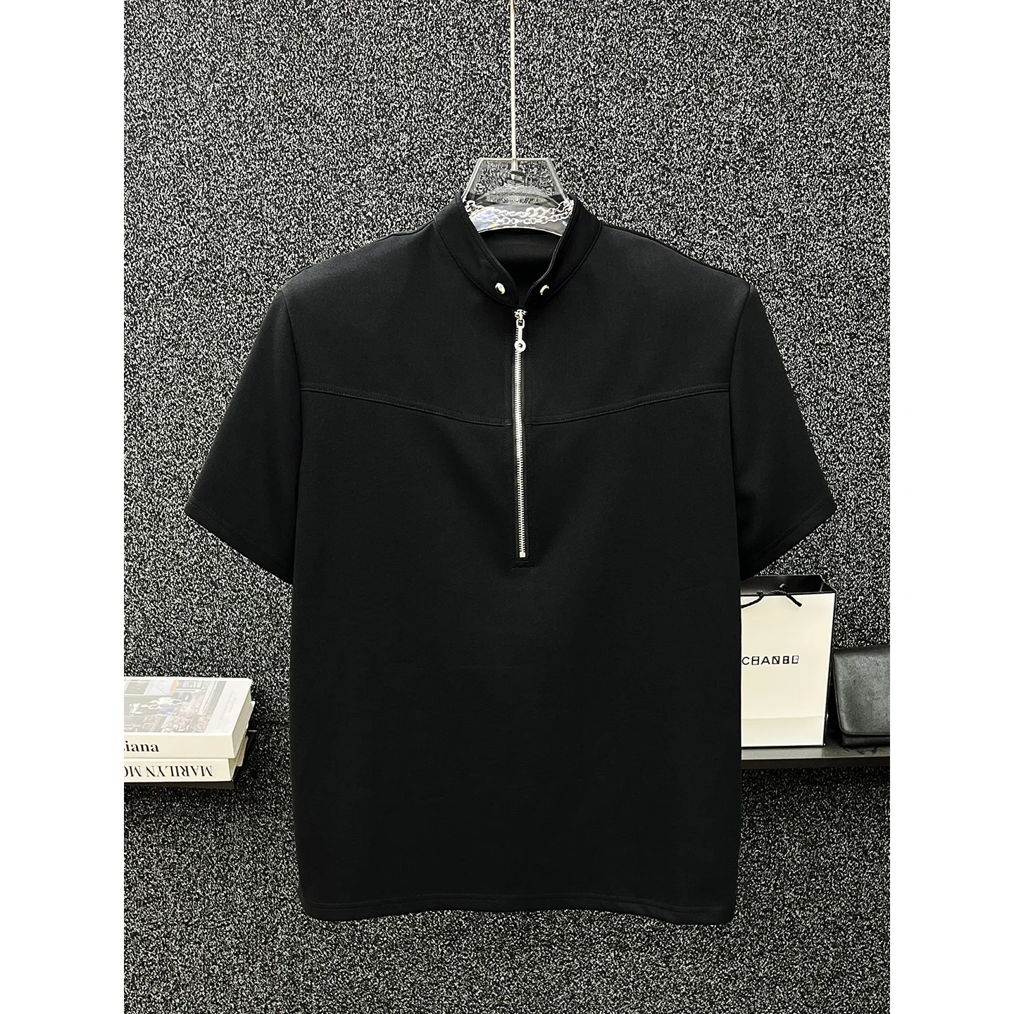 2025 Summer High-end Stand-up Collar Zipper Short-sleeved T-shirt Handsome Boys Loose Casual Half-sleeved Top