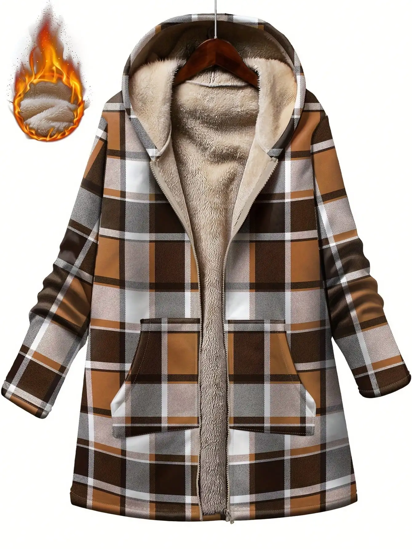 

Women's Plaid Hooded Zip-Up Jacket with Fleece Lining, Plus Size Winter Coat for Fall & Winter