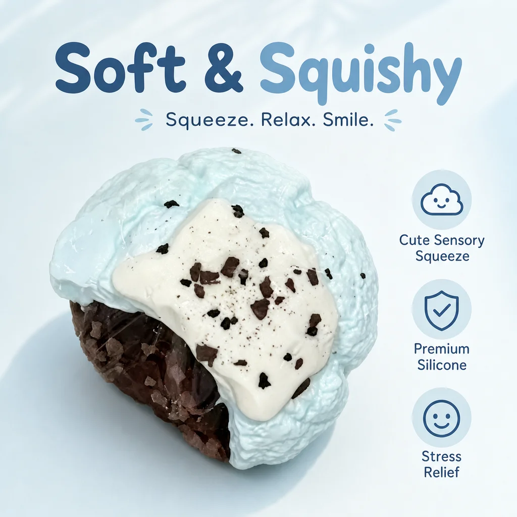 Food Grade Cream Pastry Squishy Toy Light Blue Fluffy Bun With White Cream Cookie Crumb Topping Soft Slow Rebound Squeeze ToY