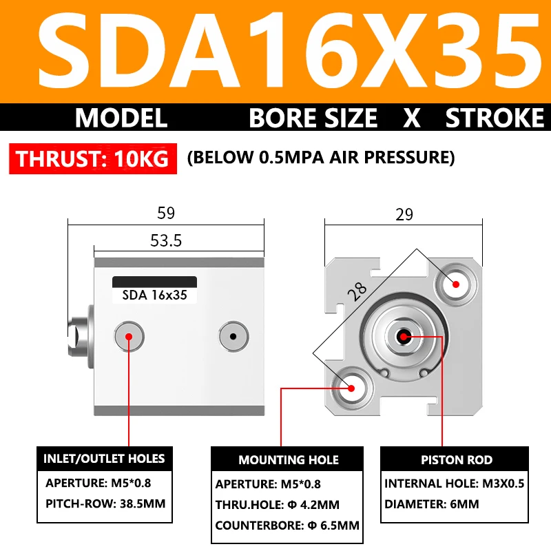 ABILKEEN SDA16X35 SDA Series Thin Air Cylinder 16MM Female Thread Bore X 35MM Stroke Double Acting Pneumatic Compact Cylinder