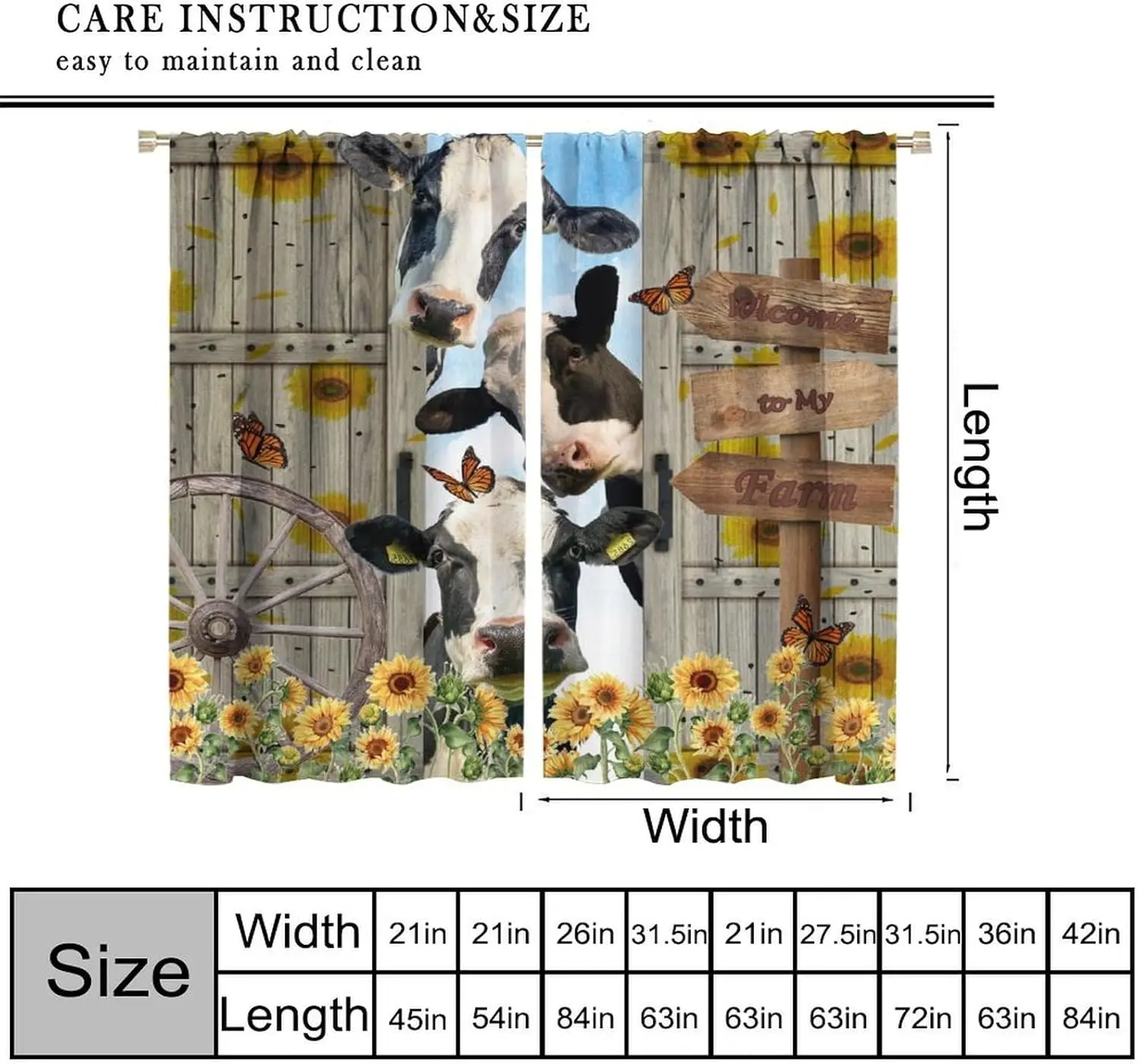 Farmhouse Cow Curtain Funny Animal Butterfly Sunflower Cow Curtains for Western Barn Door Printed Rod Pocket Window Treatments