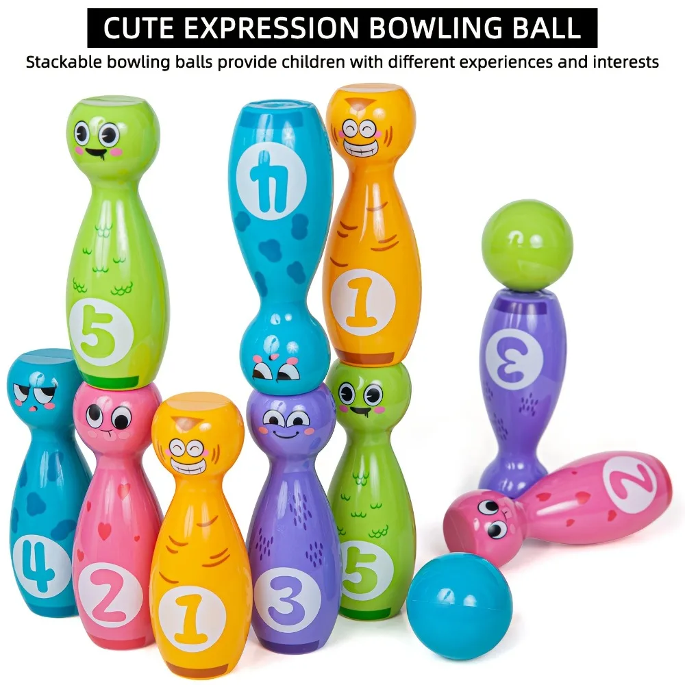 Set di giocattoli da bowling per bambini con espressioni divertenti dei cartoni animati e squisita tecnologia di stampa del tampone, include 10 bottiglie e 2 palline