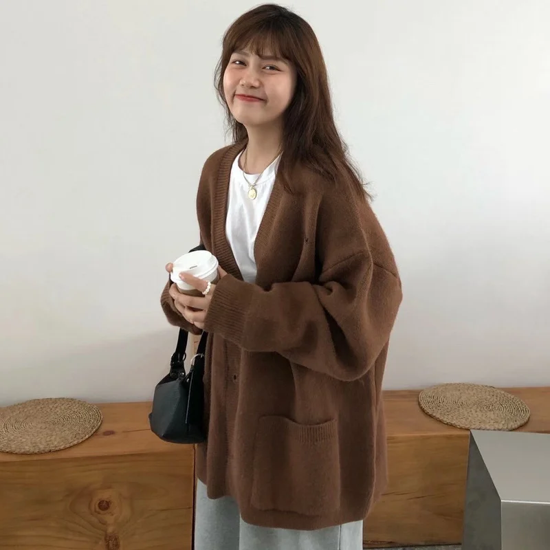 Casual Cardigans Women Korean Letter Chic Harajuku Females All-match Gentle Preppy Style Loose V-neck Sweaters Outwear Thicker