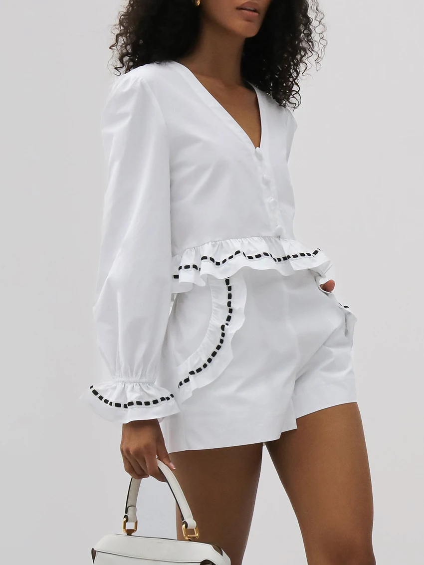 Marthaqiqi Cotton Female Nightgown Suit Long Sleeve Pajamas V-Neck Nightie Crop Top Nightwear Shorts Casual Women Sleepwear Set