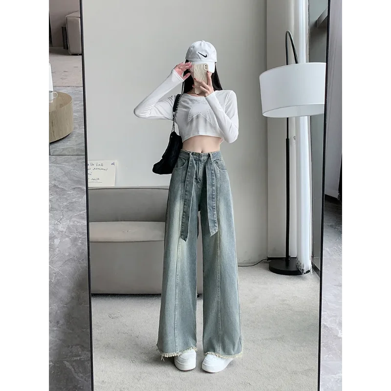 New Style Loose Slim Fit Wide Leg Jeans with Design Sense High Waist Frayed Drawstring Floor Length for Spring and Autumn