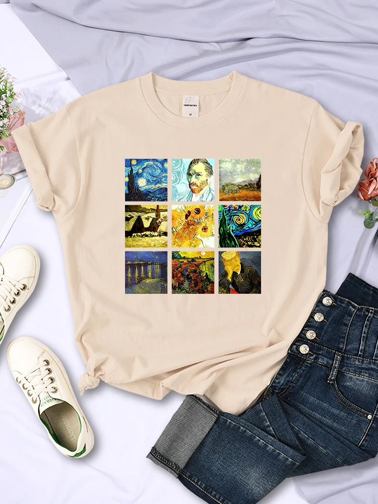 Van Gogh Works Sanskrit Printed Female Tops Breathable Casual T Shirts Fashion Summer Short Sleeve Women Crewneck Street Tshirt