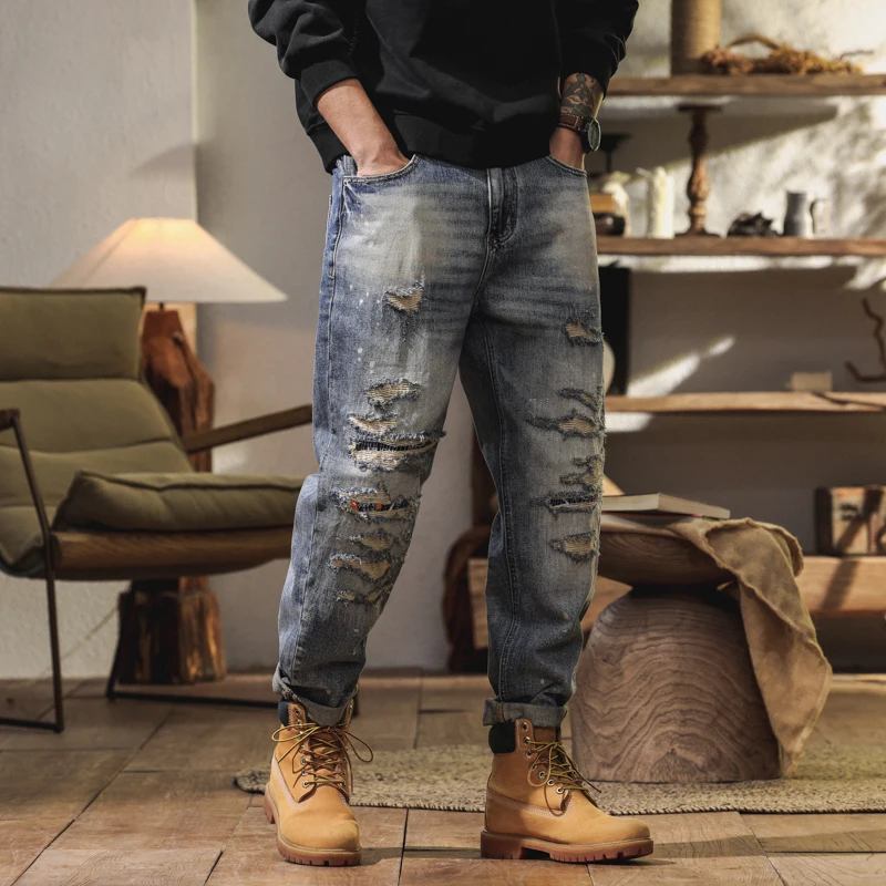

BYCLA906 American high street torn holes hanging abrasion embroidery applique cloth heavy craft fashion trend men's jeans pants