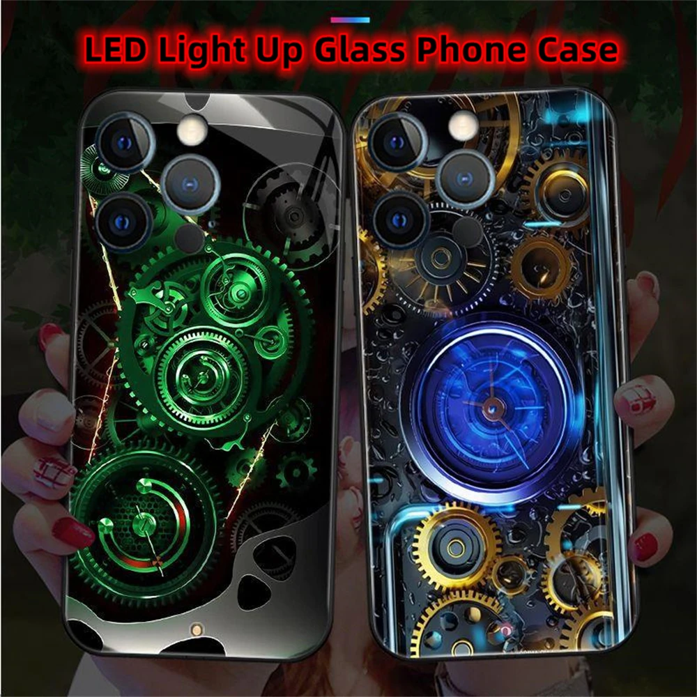 Cool Red Line Gear Design Smart LED Light Glow Tempered Glass Phone Case For iPhone Air 17 16 15 14 13 12 11 Pro Max Plus