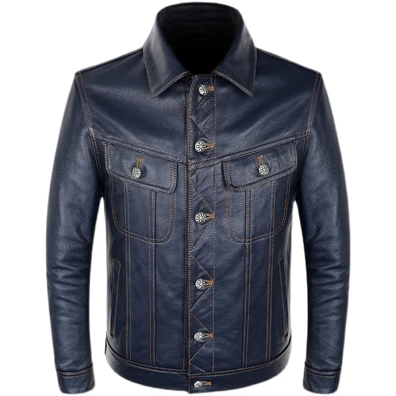 

Men Lee 202J Type Genuine Leather Jacket Blue Natural Cowhide Slim Short Coat Casual Style Single Breasted Clothes Autumn