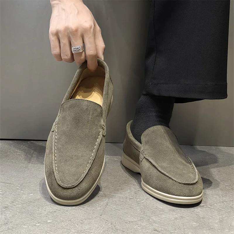 Premium Minimalist Men's Suede Loafers Slip‑on Soft Lightweight Flat Sole Genuine Leather Shoes 38-48 Casual Daily Dress Shoes