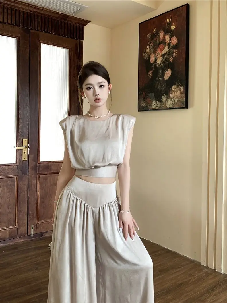 

Womens Two Peice Sets Summer High-end Simple Elegant Style Temperature Strap Bow Sleeveless Vest Top + High Waist Wide-leg Pants