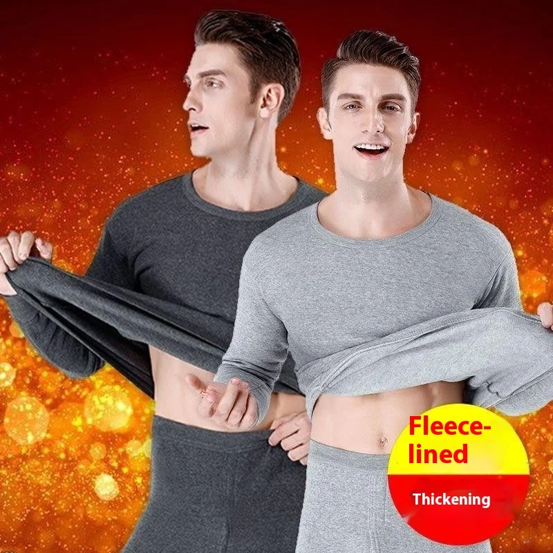 Men Padded Thermal Underwear Set of Large Size Bottoming Slimming Autumn Clothes and Trousers Easy to Wash Solid-Colour O-Neck