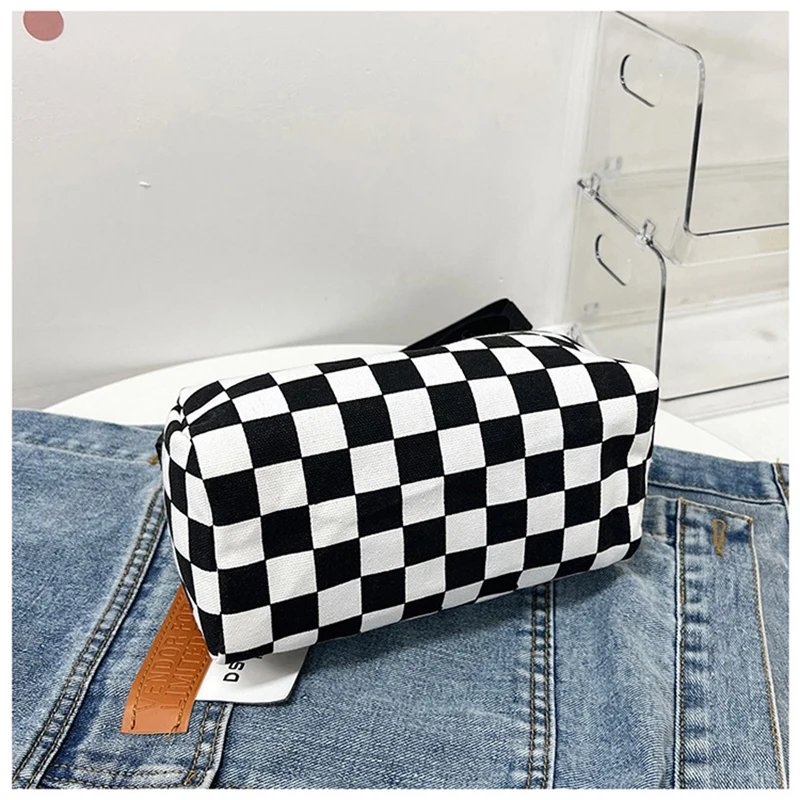 Checkerboard Canvas Bolsa Zipper Design Tendência Messenger Bag Alça de Ombro Ajustável Bolsa Estilo Americano Mochila