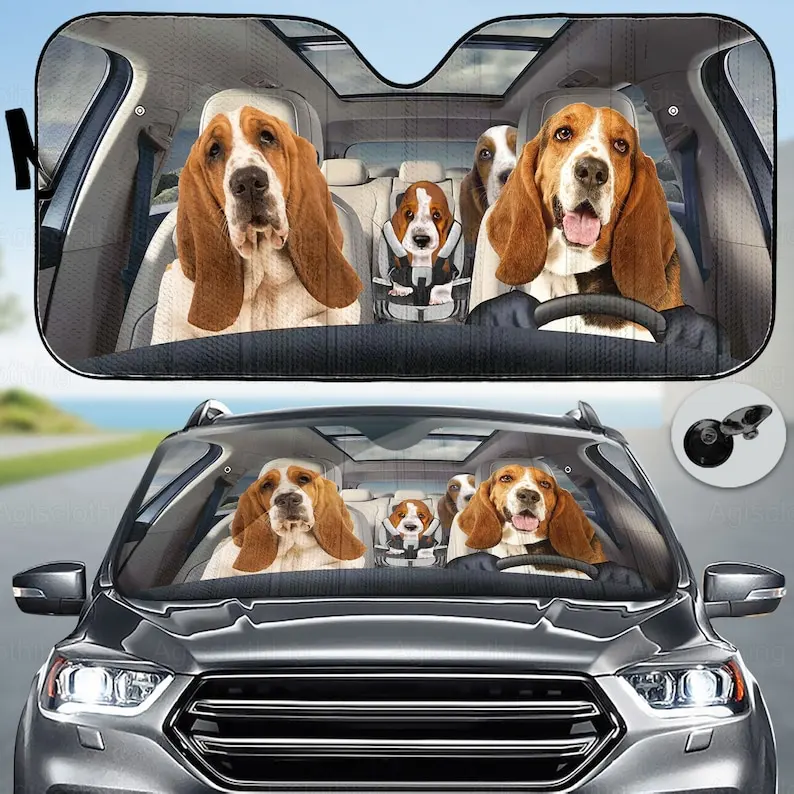 Basset Hound Family Car Sun Shade, Basset Auto Car Sun Shade, Basset Gift, Basset Sunshade, Car Sun Protector