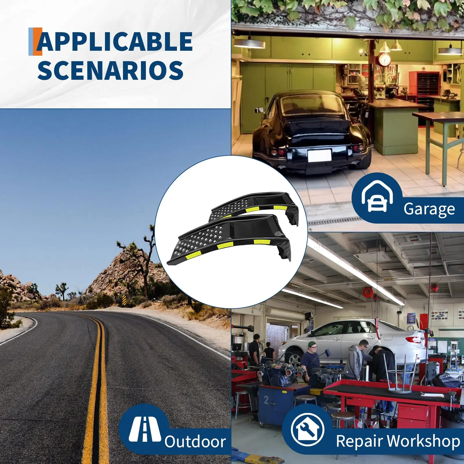 2 szt. Wytrzymałych ramp samochodowych o udźwigu 3600 kg z odblaskowymi naklejkami ostrzegawczymi na noc, rampy serwisowe do samochodów ciężarowych i garaży