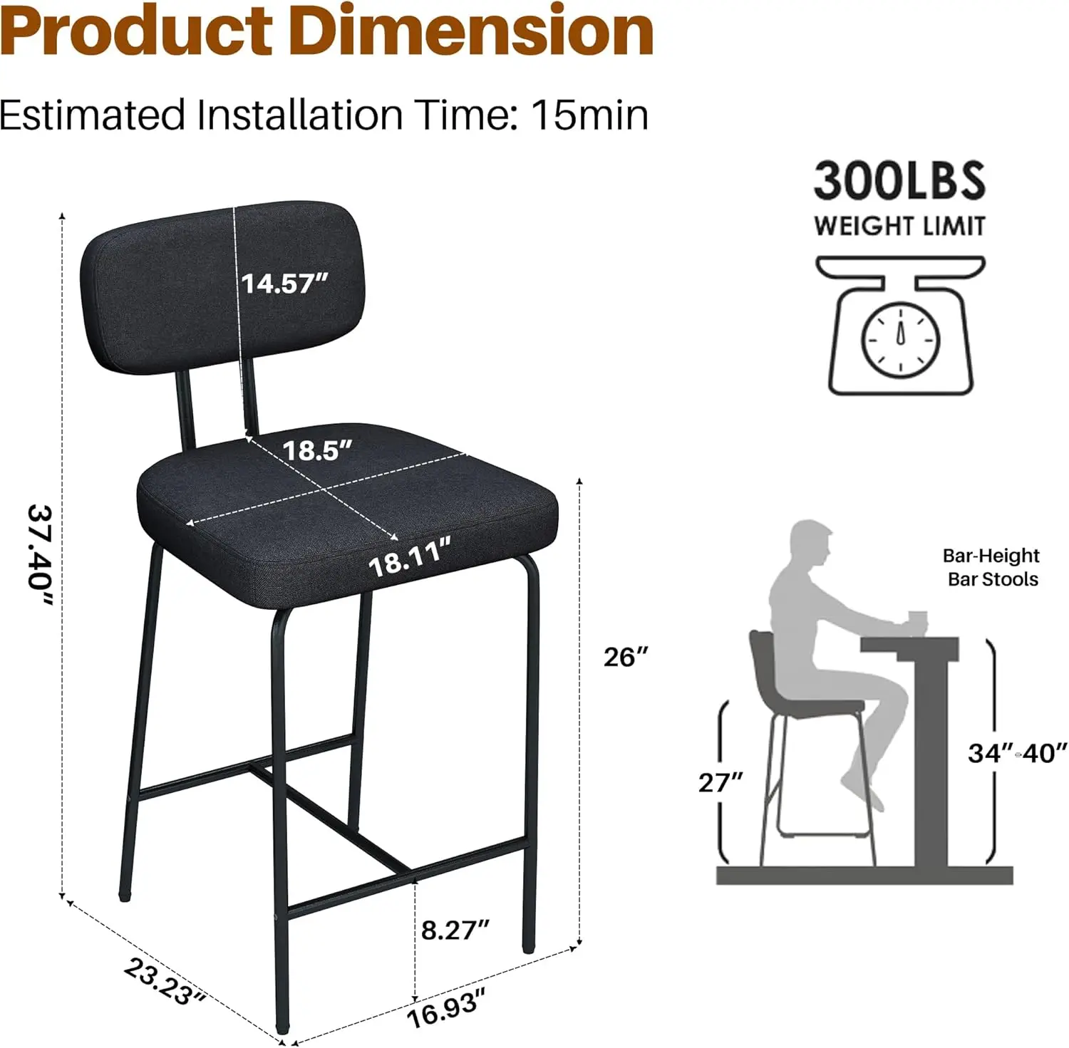 Counter Height Bar Stools Set Of 2, 26"" Black Counter Bar Stools, Upholstered Fabric Kitchen Island Chairs Barstools With Back
