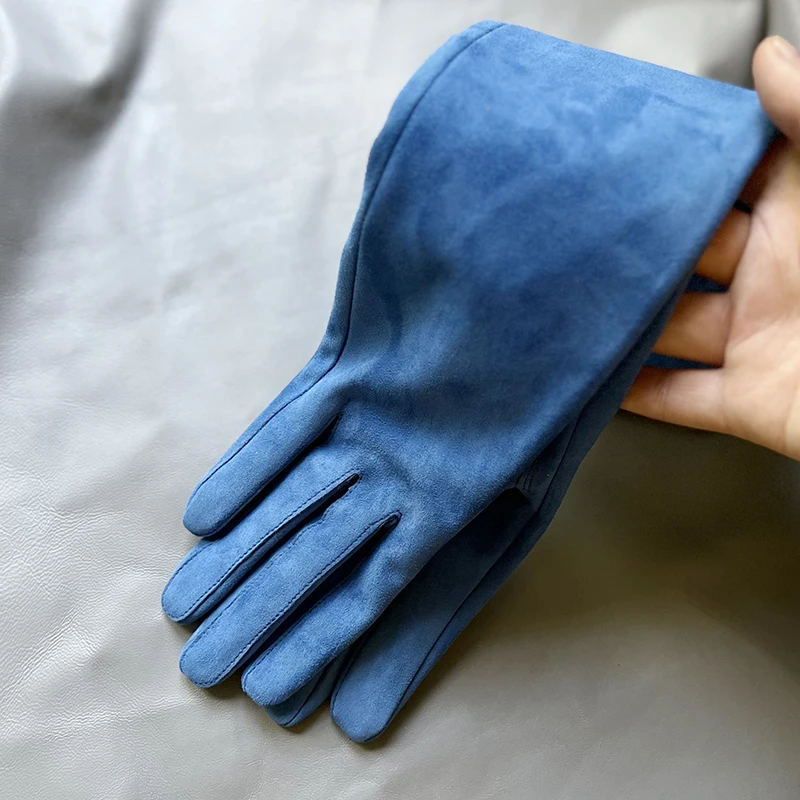 Women's suede leather long gloves Men's sky blue sheepskin elbow gloves Super soft leather, spring and autumn fashion catwalks