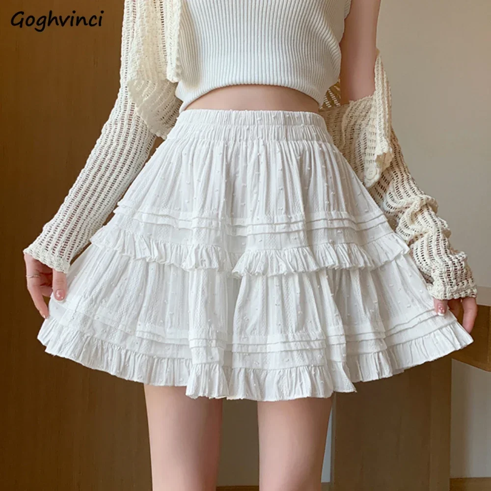 Mini Y2k White Skirts for Women Kwaii Lace A-line Ruffles Solid Simple Pleated Harajuku Ulzzang Female Baggy Chic Streetwear